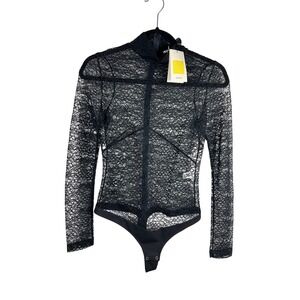 NOAM Emmeline Black Lace Mock Neck Long Sleeve Bodysuit